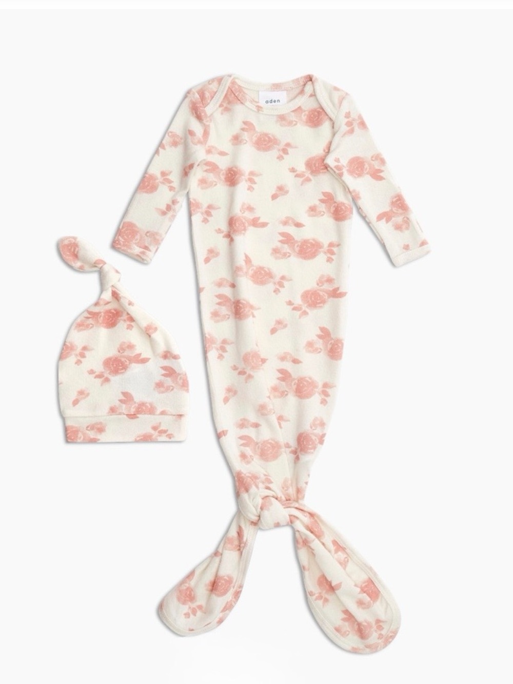 aden + anais Cream and Pink Floral 0-3M Knotted Gown with Hat